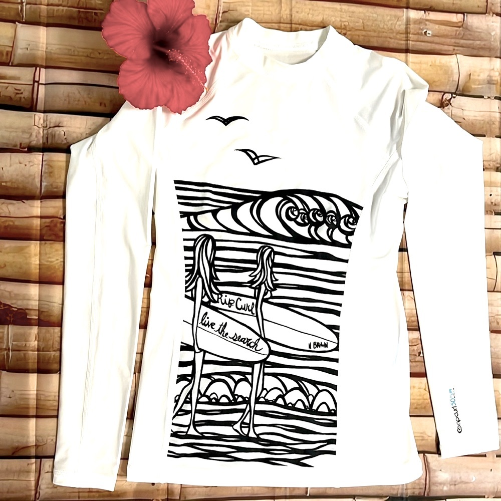 Heather Brown Surf Girl Siren Waves Long  Sleeve Crew Neck Rash Guard Shirt